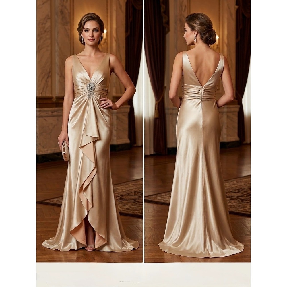Faviana Ruffle Brooch Champagne Satin V-Neck Evening Gown Size 7/8